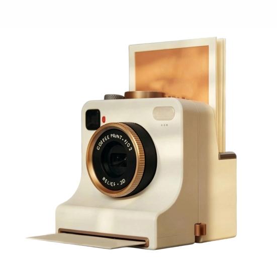 Handheld-Kaffee-Schablonenmaschine 3D-gedruckte Latte-Art-Kamera, Manuelles Pulverdrucker mit Retro-Kamera-Design-Werkzeugschablonen, Kakao-Zimt-Hersteller 4 Template Cards weiß