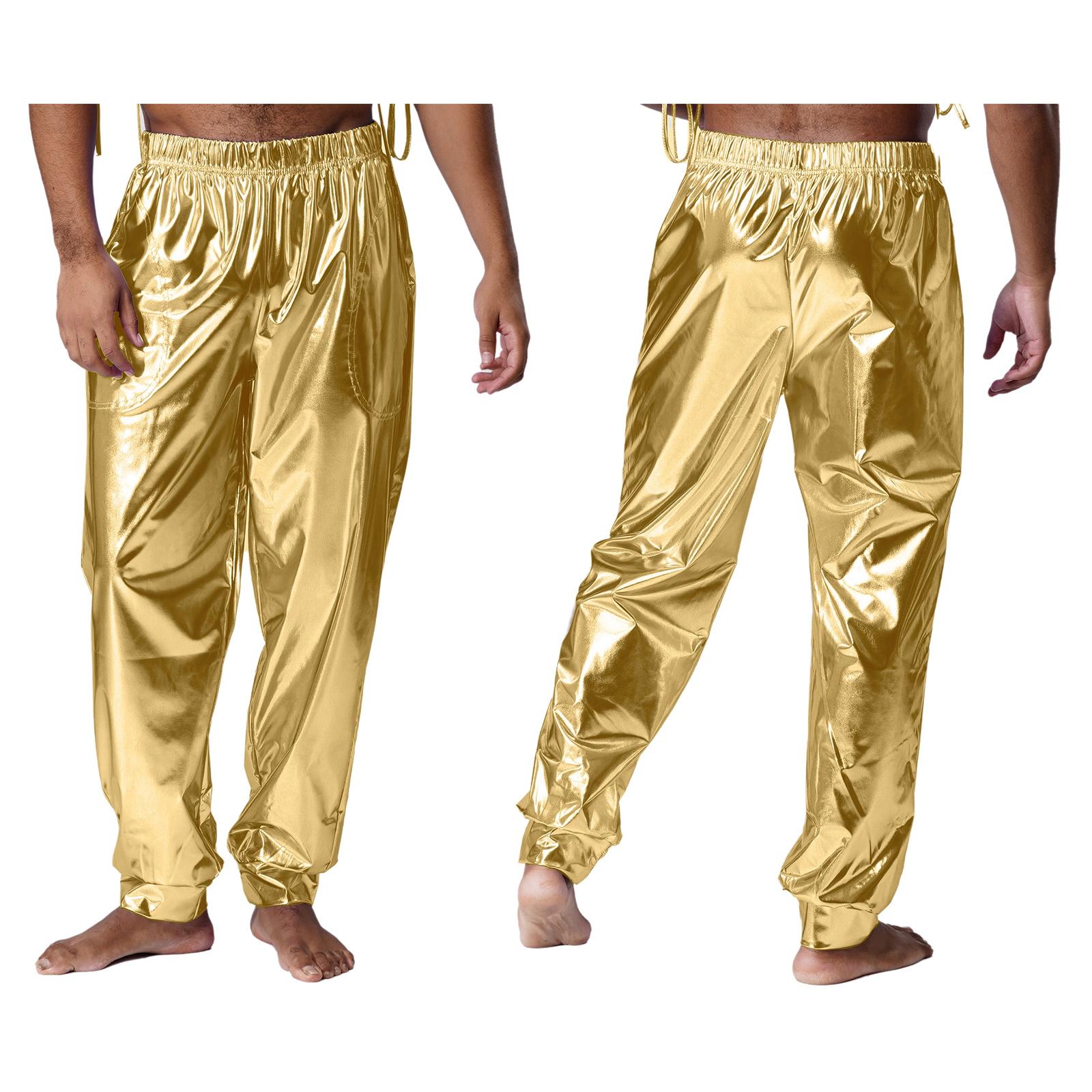 M-XXL Herren Glänzende Metallic Hose Hohe Taille Elastische Taille Sporthose Metallischer Glanz Modern Dance Hose Lockere Hose XL