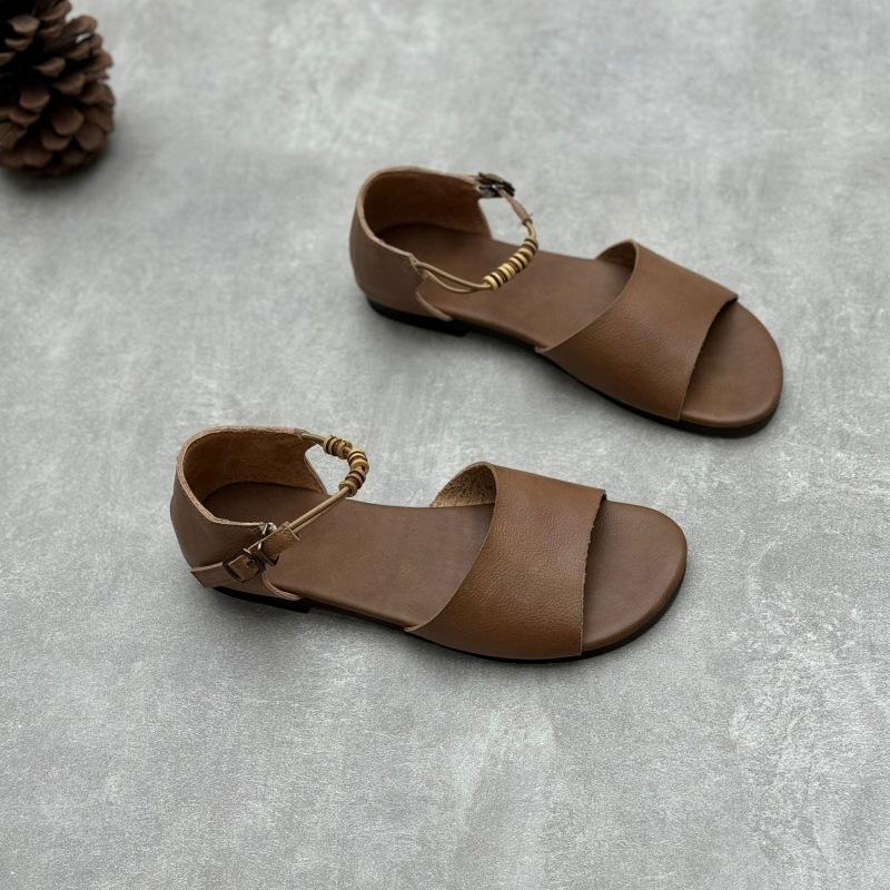 Handgefertigte Sandalen aus echtem Leder mit einem Riemen, flache Sommerschuhe mit offener Spitze, weiche Damensandalen aus Rindsleder 36 kaffeebraun