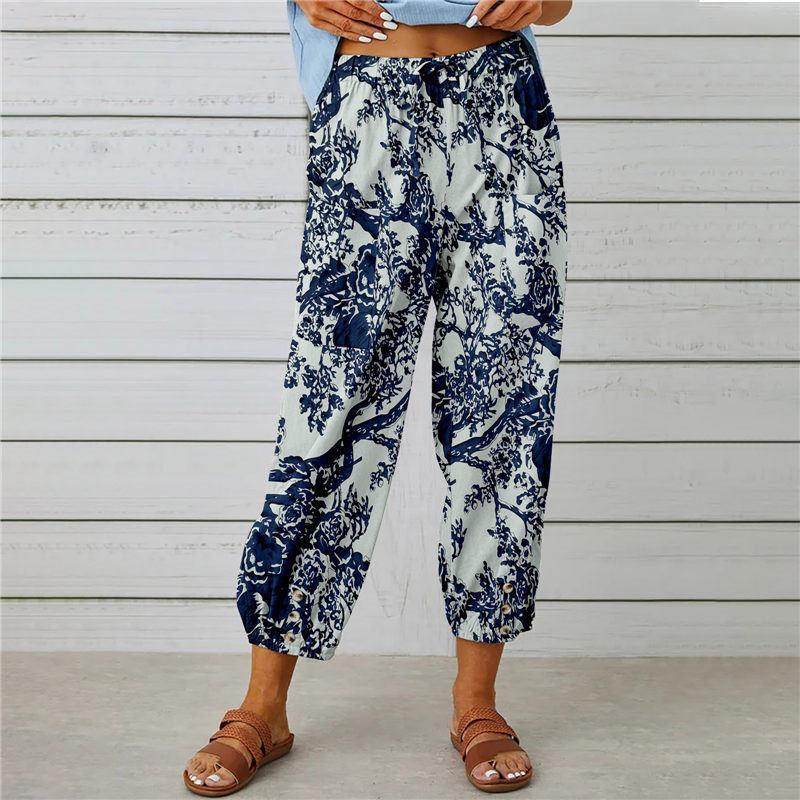 Sommer frauen Hosen Baumwolle Leinen Hohe Taille Kordelzug Neun-viertel Hosen Elastische Taille Bundle Fuß Mund Retro Druck hosen M weiß