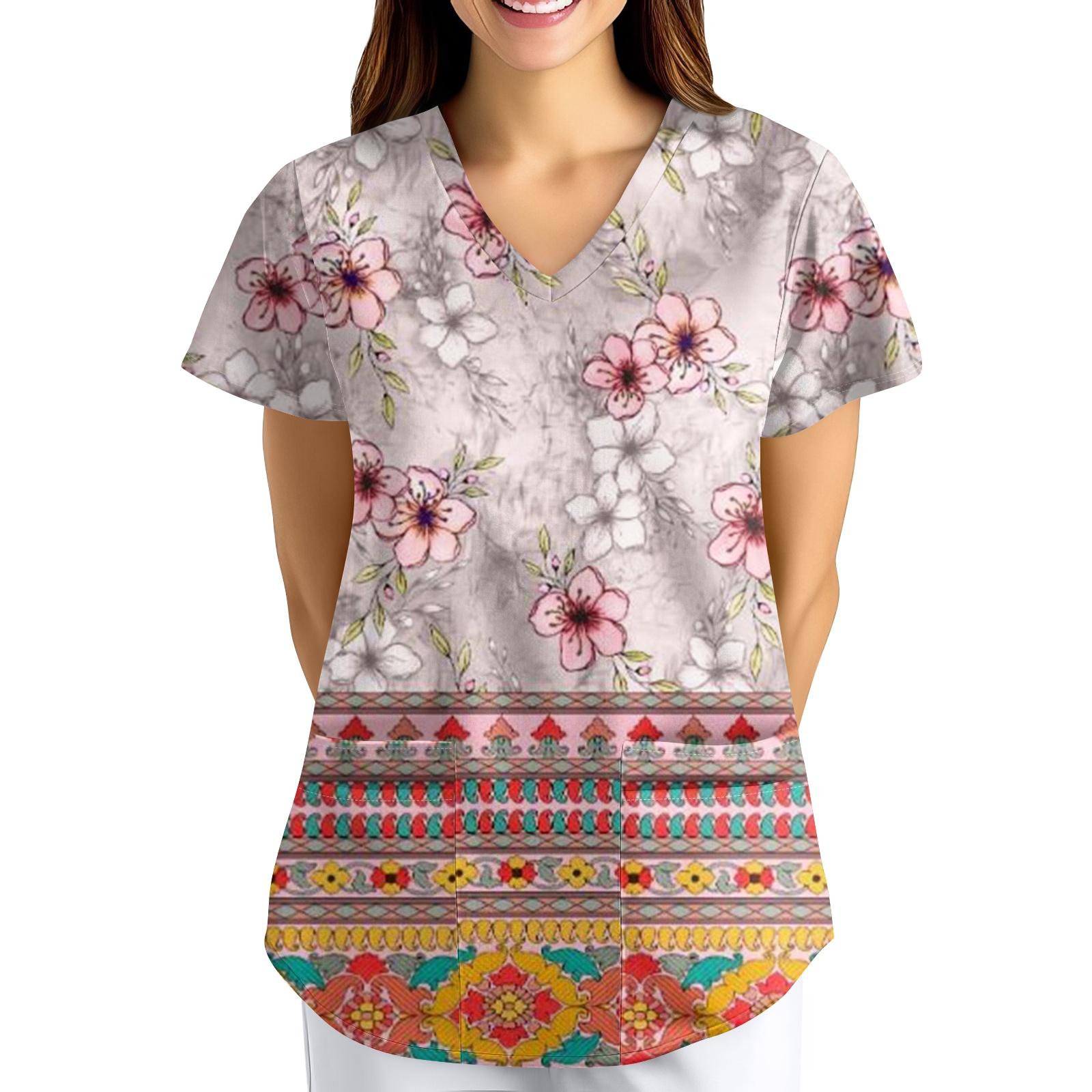 ÜbergrößeBedruckte Kasack Arbeitsuniform Oberteile für Damen V-Ausschnitt mit Überkreuzung Print Kurzarm Lustige T-Shirts Arbeitskleidung T-Shirt mit Taschen XL rosa