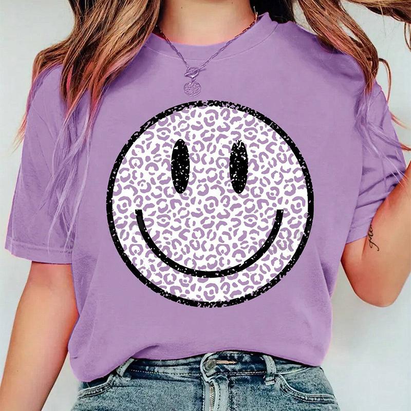 Mode Frauen Personalisierte Spotted Runde Lächelndes Gesicht Spleißen Print T Shirt Lustige Casual Oansatz Kurzen Ärmeln T-shirt Sommer Weibliche T Shirt XL violett