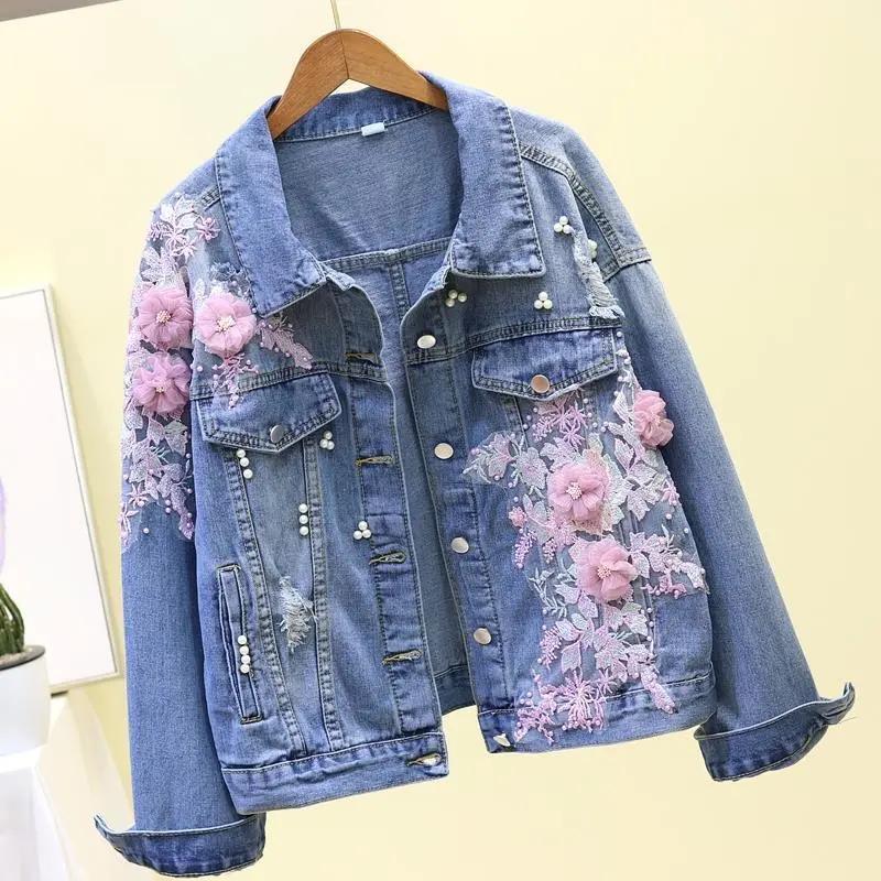 3D-bestickte Jeansjacke, dreidimensionale Blumen-Perlenloch-Jeansjacke, lockere kurze Jacke für Damen, Vintage-Jeans-Cardigan S rosa