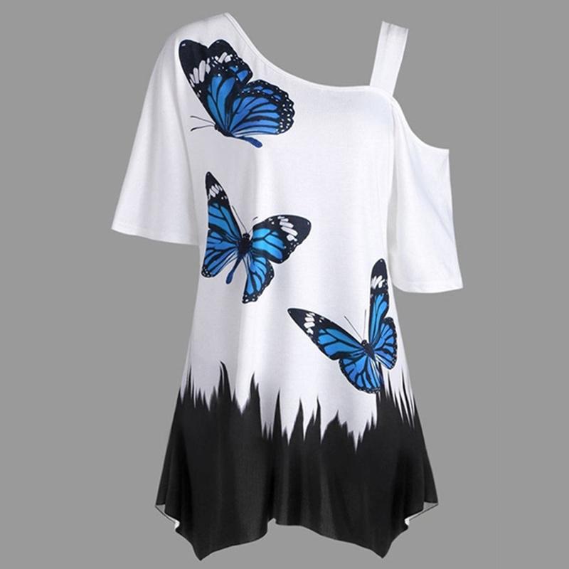 Frauen Mode Schmetterling Druck Eine Schulter Kurzarm Tunika T-shirt Lose Bluse Tops Plus Größe Mode T-shirt L schwarz