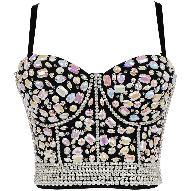 Damen Strass Perlen Korsett Bustier Top Party Glitzer Korsett Top BH Tank Top 36B schwarz