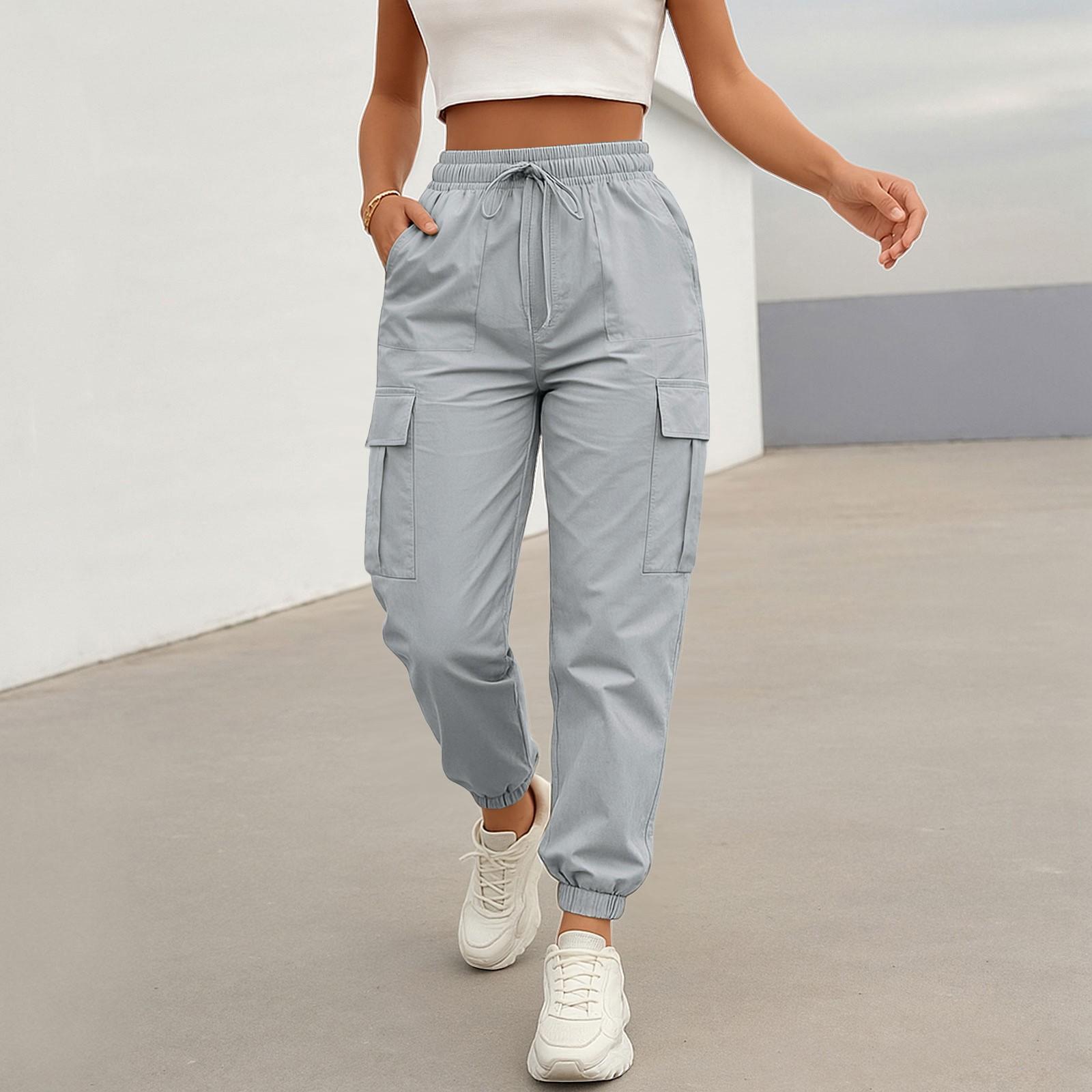 Damen Casual Cargo Hose Einfarbig Jogger mit Kordelzug in der Taille, Elastischer Bund, Mehrere Taschen Hose L hellblaue