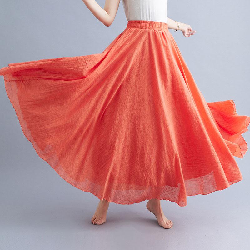 Sommer Herbst Damen Rock Literarisch Große Baumwolle Leinen Halbrock Elastische Taille Leinen A-Linie Rock Langer Abschnitt Reine Farbe Wind Swing Rock M orange