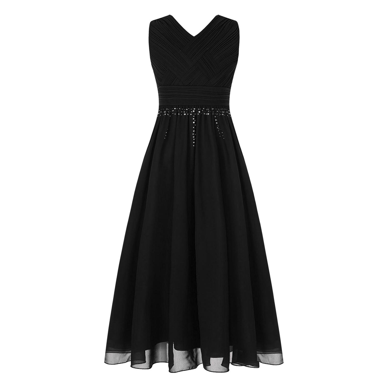Glänzendes gerafftes verwobenes Chiffon-Kleid für Mädchen V-Ausschnitt ärmelloses Design Blumenmädchen langes Kleid Hochzeitsfeier Kleid 5-6 Years schwarz