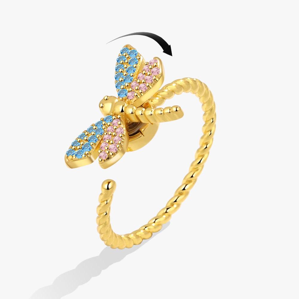 SMJEL Fidget Spinner Ring Angst für Frauen Mehrere Kristall Blume Auge Schmetterling Tier Ring Drehen Anti Stress Hochzeit Schmuck resizable beige