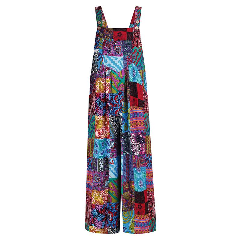 Sommer Damen Träger Jumpsuits Vintage Blumendruck Latzhose Ärmellos Weites Bein Lange Overall Latzhose Strampler Playsuit XXXXXL blau