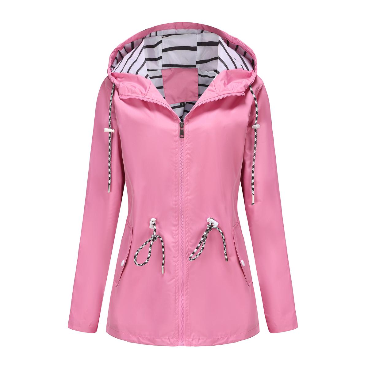 Damen-Windjacke mit Kapuze, Streifen-Kordelzug, wasserabweisende Windjacke, lange Ärmel, übergroßer, lockerer Regenmantel, mittellanger Reißverschluss, winddichte Jacken 4XL rosa