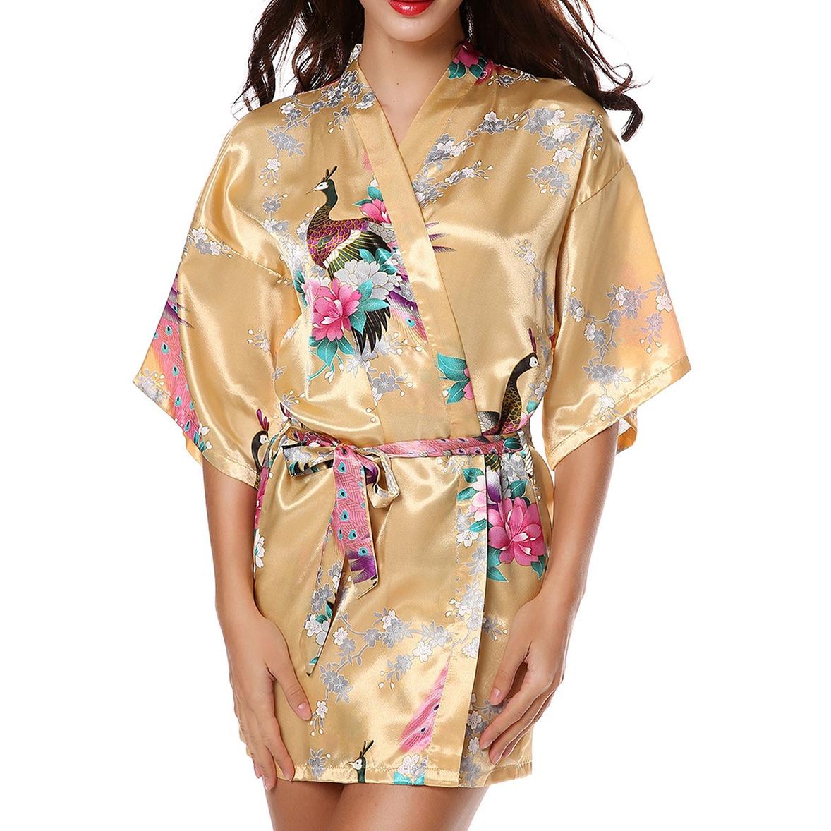 Seide Royal Floral Frauen Robe Sexy Hochzeitskleid Nachtwäsche Nachthemd Kimono Bademantel M gelb