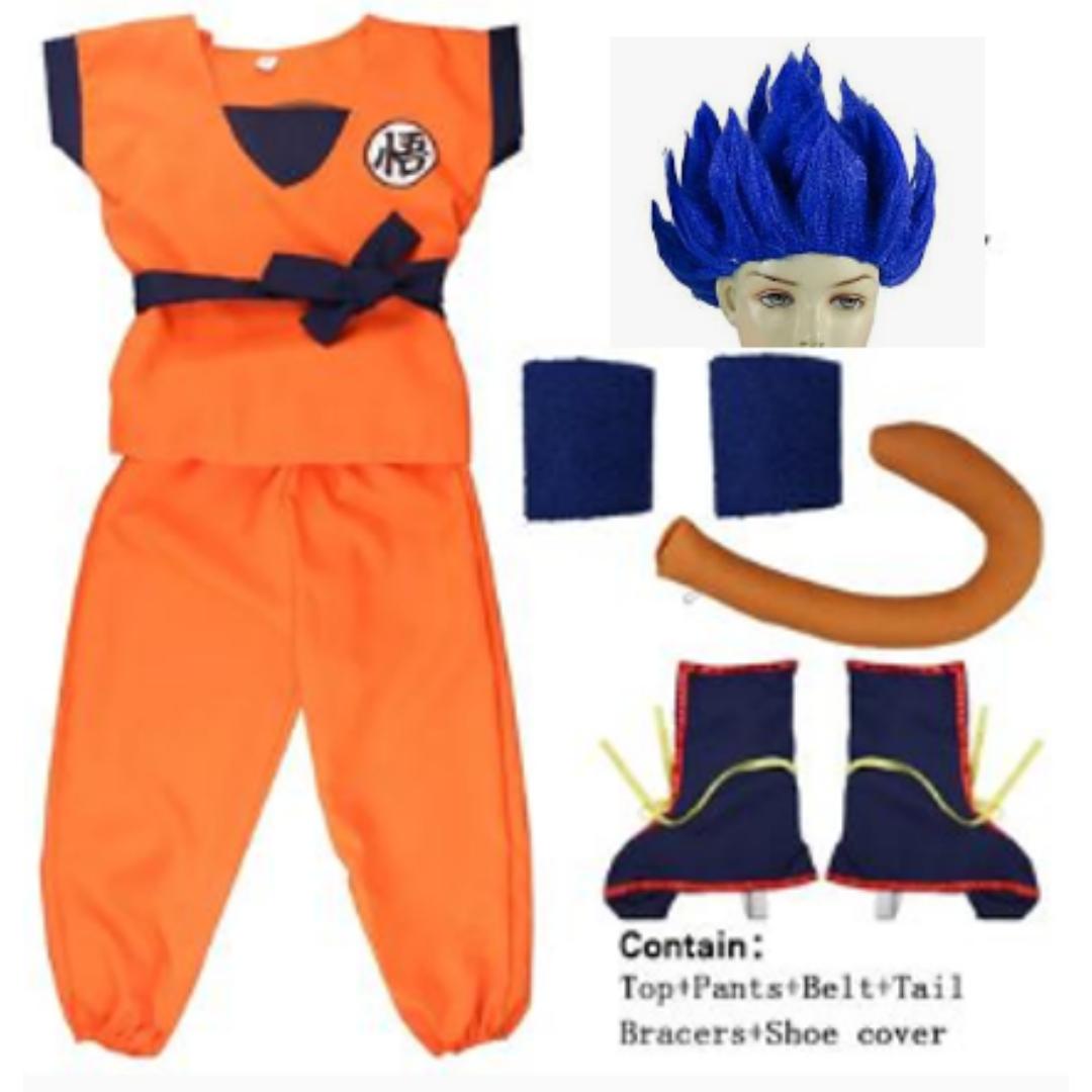 Kinder Anime Son Goku Cosplay Kostüme Krillin Trainingskleidung Superhelden Outfits mit Super Saiyajin Perücke Comic Con Party Kostüm 140cm grün