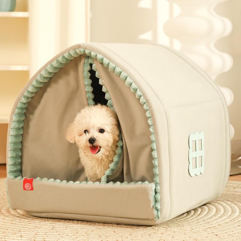 Zwinger Winter Warm Kleine Hundehütte Geschlossenes Haustier Winter Hundebett Katzennest Vier Jahreszeiten Universal Hundehütte Haustierzubehör M-44x41x41 cm beige