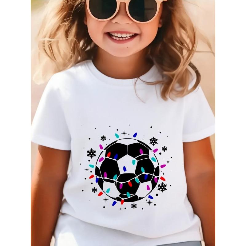 Europäische Größen Mädchen Fußball Grafik-T-Shirt - Weiches & Atmungsaktives Rundhals-Kurzarm-Oberteil mit Fußball-Design, Perfekt für Outdoor-Aktivitäten 128cm weiß