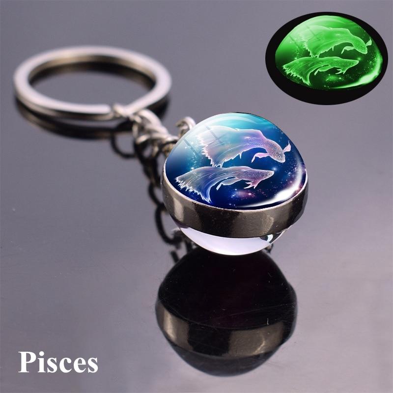 12 Konstellation Leuchtender Schlüsselanhänger Glaskugel Anhänger Sternzeichen Schlüsselanhänger Schlüsselanhänger Halter Männer Frauen Geburtstagsgeschenk Pisces blau