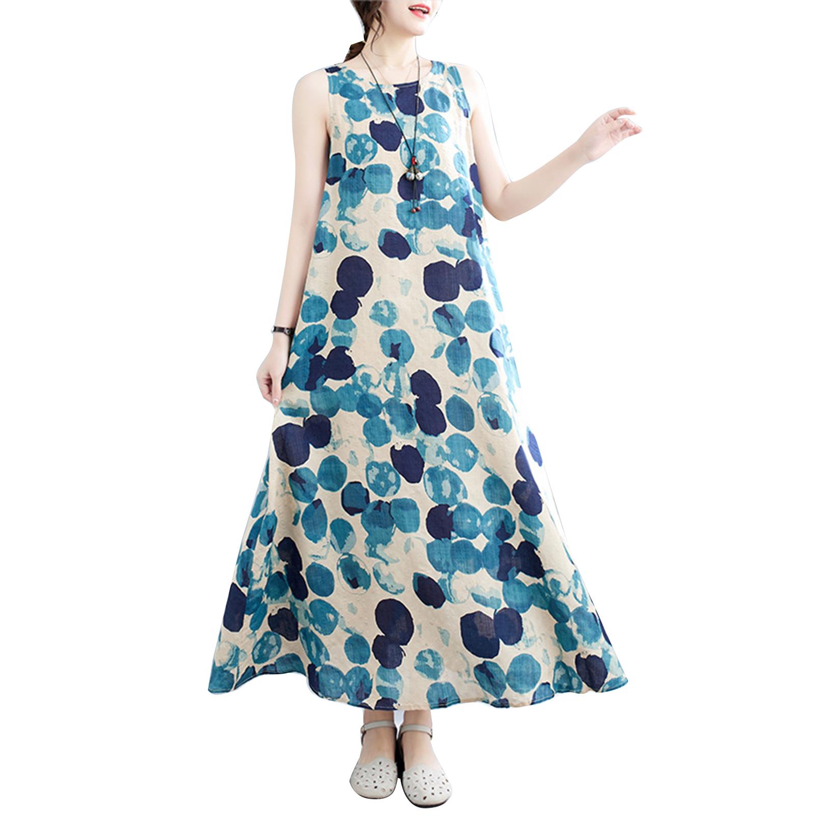 Retro böhmisches Kleid weibliche Blumen Baumwolle Seide ärmellose lässige Weste Kleid Damen Sommerkleider blau