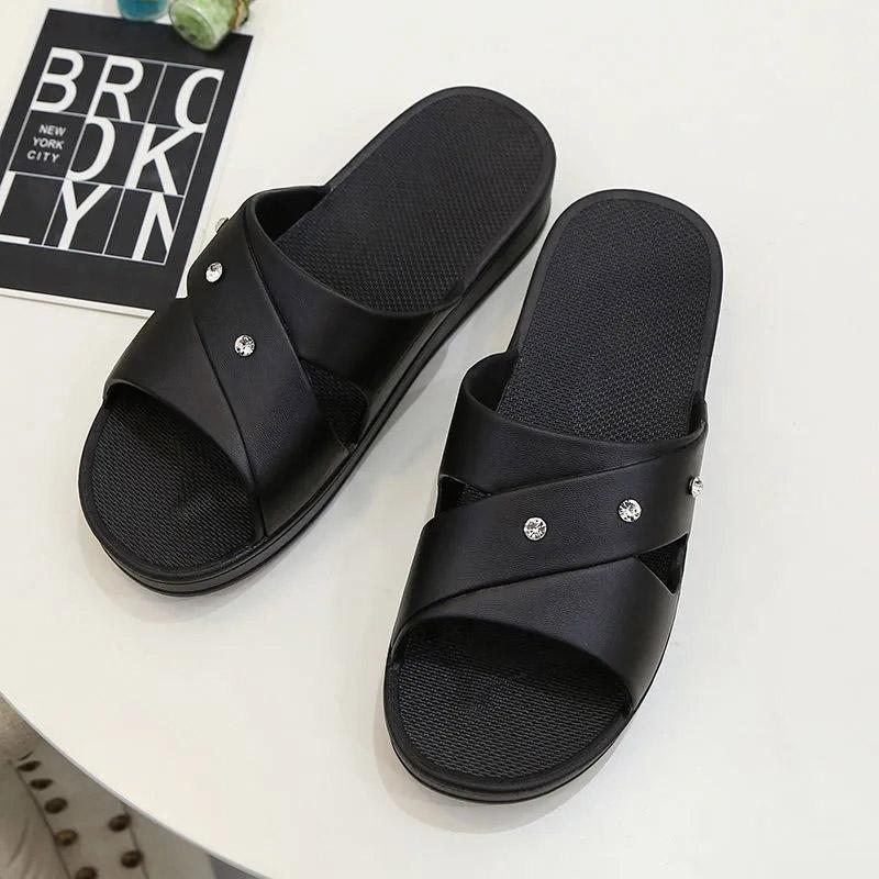 Damen Sommer Hausschuhe mit dicker Sohle, rutschfeste Hausschuhe, koreanische Version des lässigen Mittelabsatzes, Hausschuhe für Mütter, Sandalen, Flip-Flops 36 schwarz
