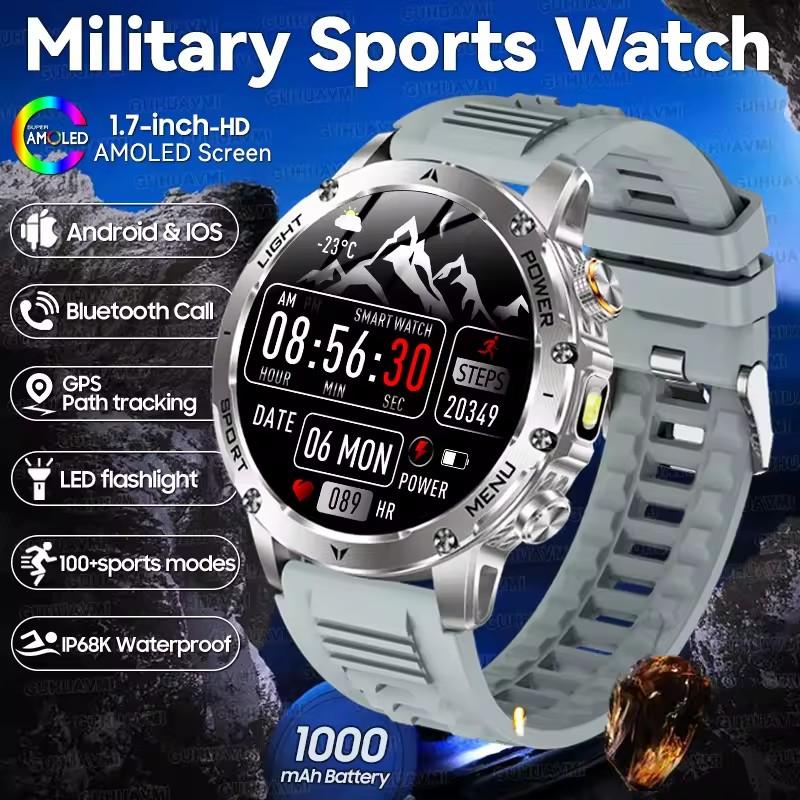 2026 Neue 1000mAh Super-Kapazitäts-Batterie für Erwachsene Männer Smartwatch 1,7-Zoll Großer Bildschirm Bluetooth-Anruf IP68 Wasserdichte SmartWatch Sport Silicone Tape silber