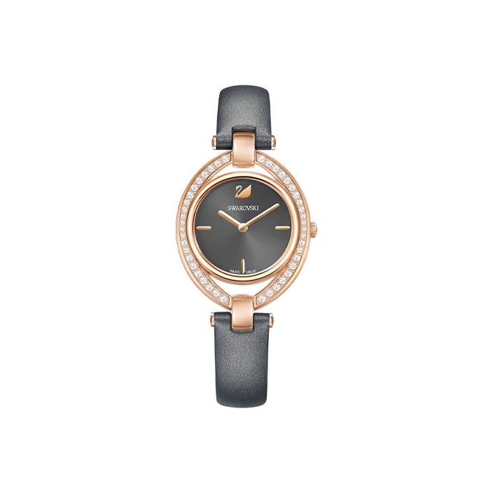 Swarovski Uhr Quarzwerk Lederarmband Graues Zifferblatt 30 Meter Wasserdicht Damenuhren 5376842 Black Dial gray
