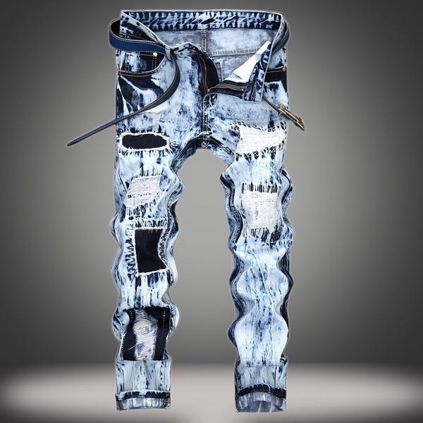 Herrenmode Plissee Jeans Hose Zerrissene Multi-Pocket-Motorrad Gerade Männliche Patchwork Hose Lässige Männer Elastische Loch Denim Hose 42 blau