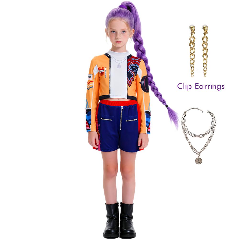 Kinder K-Pop Dämonenmädchen Jägerin Rumi Cosplay Kostüm Perücke Ohrringe Halloween Party Modekleidung Set Kostüm Rumi Requisite 140 blue