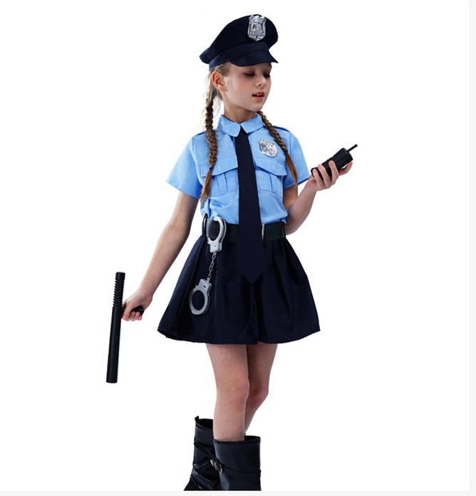 Mädchen-Polizist-Kostüm, niedlicher Cop, Spielzeit, Cosplay-Uniform, Kinder-Halloween-Cosplay-Outfit 160 blau