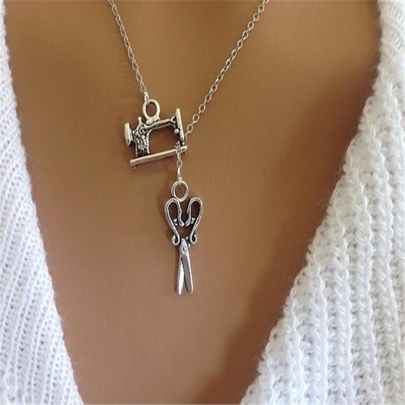 Nähmaschine-Halskette. Nähmaschine und Scheren-Lariat-Halskette silber
