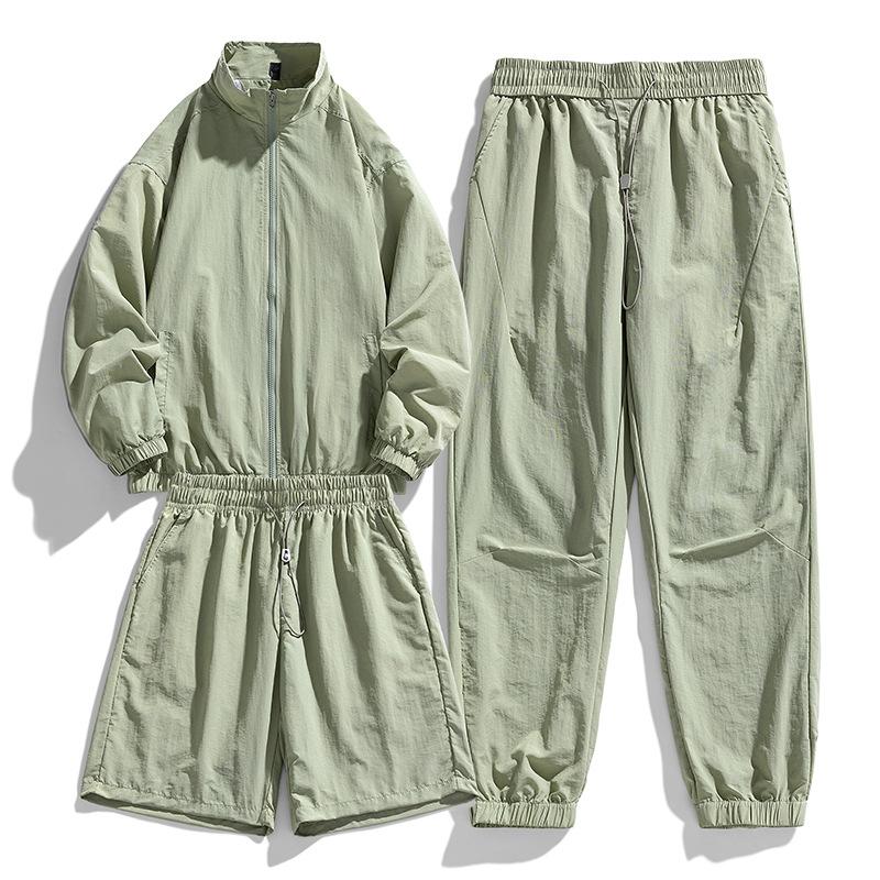 Herren Lässiger Eisseiden Trainingsanzug Jacke Shorts und Hose 3-teiliges Set Lauf-Fitness Jackenanzug Herren Sportbekleidung Set M