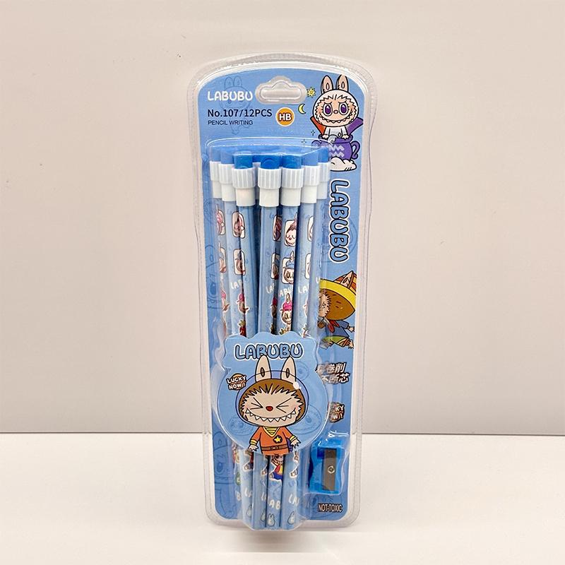 Set mit 12 Cartoon Labubu Bleistiften mit Radiergummi und Anspitzer, Studentenbleistifte zum Schreiben und Zeichnen, Studenten-Schreibwaren, Schulsachen HB blau
