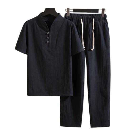 T-shirt Hosen Anzug Trendy Taschen Tasten Männer Sommer Trainingsanzug Reine Farbe Hemd Hosen Set Männer Hemd Hosen Set Männer kleidung 4XL schwarz