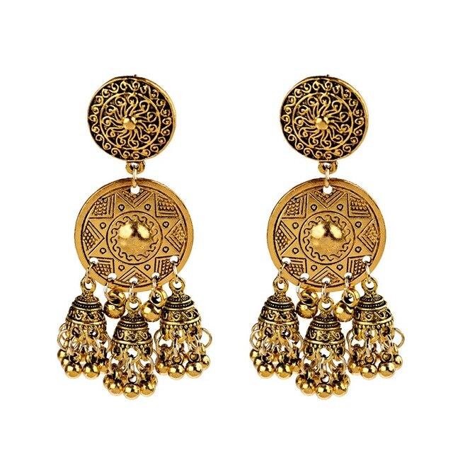 Neue ethnische Vintage Frauen geometrische türkische Jhumka Ohrringe indischen Schmuck Gold Glocke Quaste schlenker Ohrringe Türkei Schmuck beige