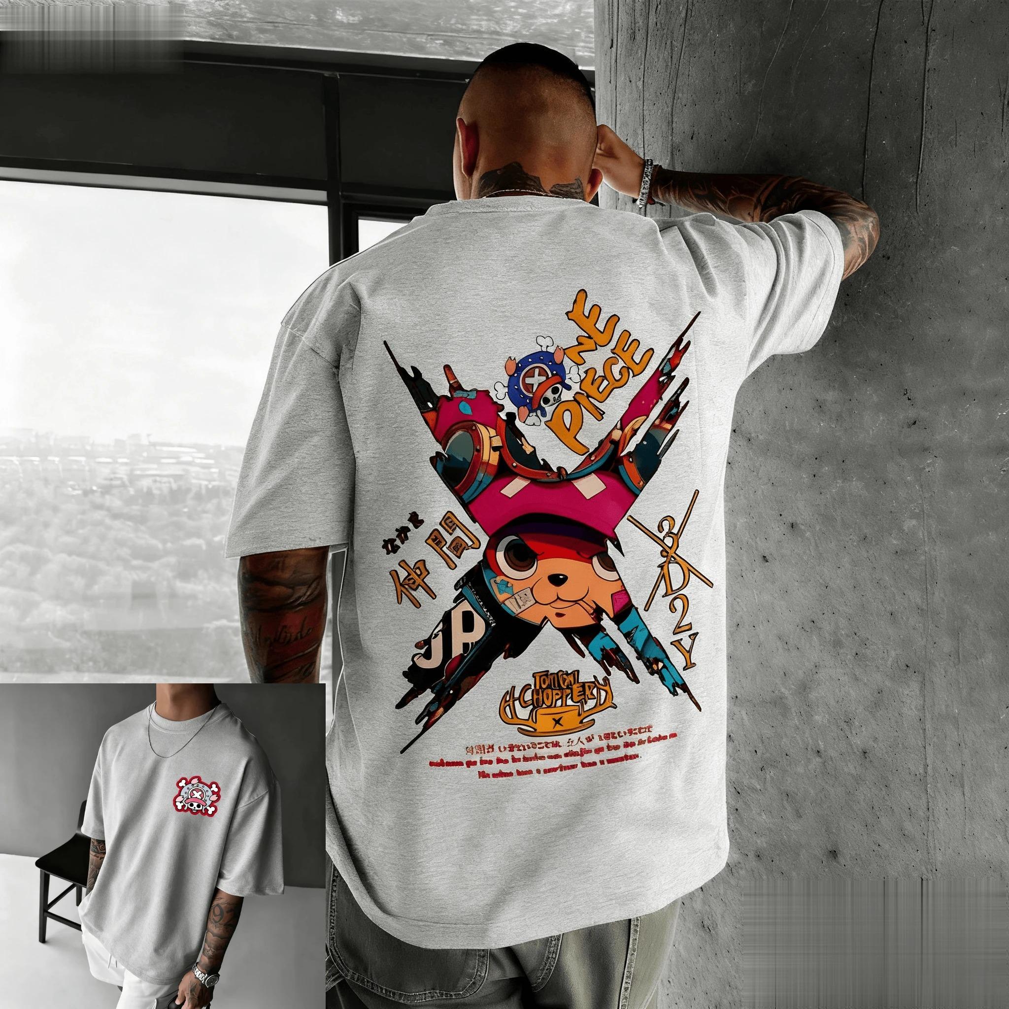 Neues One Piece Chopper Anime T-Shirt Herren Damen Baumwolle Kurzarm Tee Sommer Cartoon Grafik Streetwear Lässiges Top Oversized Y2k S grau
