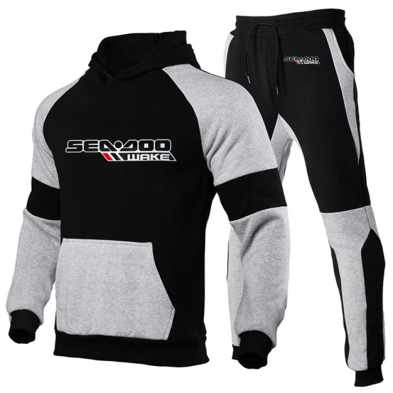 Sea Doo Seadoo Moto Bedruckte Herbst-Winteranzüge für Herren, gestreifter Kapuzenpullover + Hose, lässiger Trainingsanzug, Sportbekleidung, Trainingsanzug M