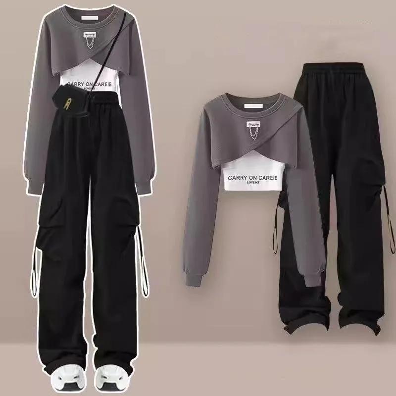 Frühling und Herbst Set frauen Koreanische Lose Mode Top Casual Hosen Drei Stück Set M grau