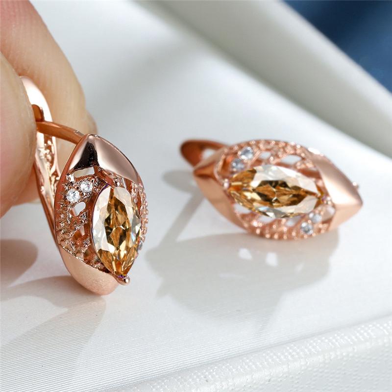 Roségoldfarbene Marquise-Schliff-Ohrringe, Lila, Rosa, Blau, Aqua-Kristall, Hakenohrringe, Geburtsstein-CZ-Tropfen-Ohrringe, hohle Blatt-Ohrringe champagner