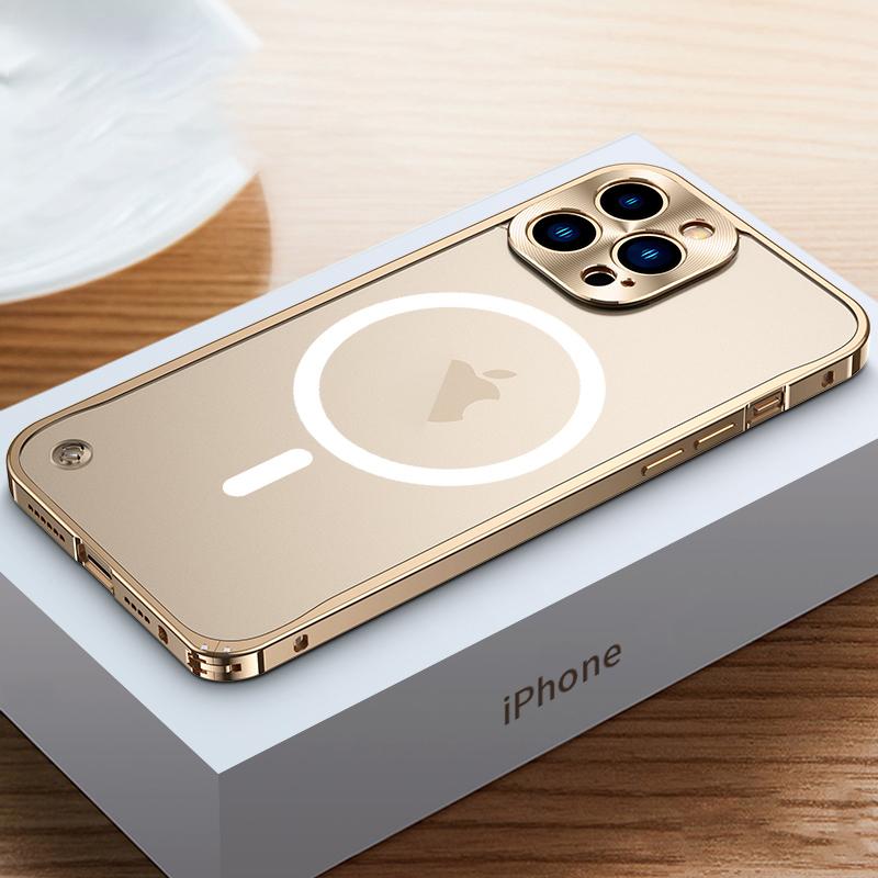 Magnetische Telefonhülle mit Metallrahmen für iPhone 11 12 13 14 15 16 Pro Max Aluminiumlegierung Vollobjektivschutzabdeckung für iPhone 16 Überzogene Metallrückseite For iPhone 12 mini gold