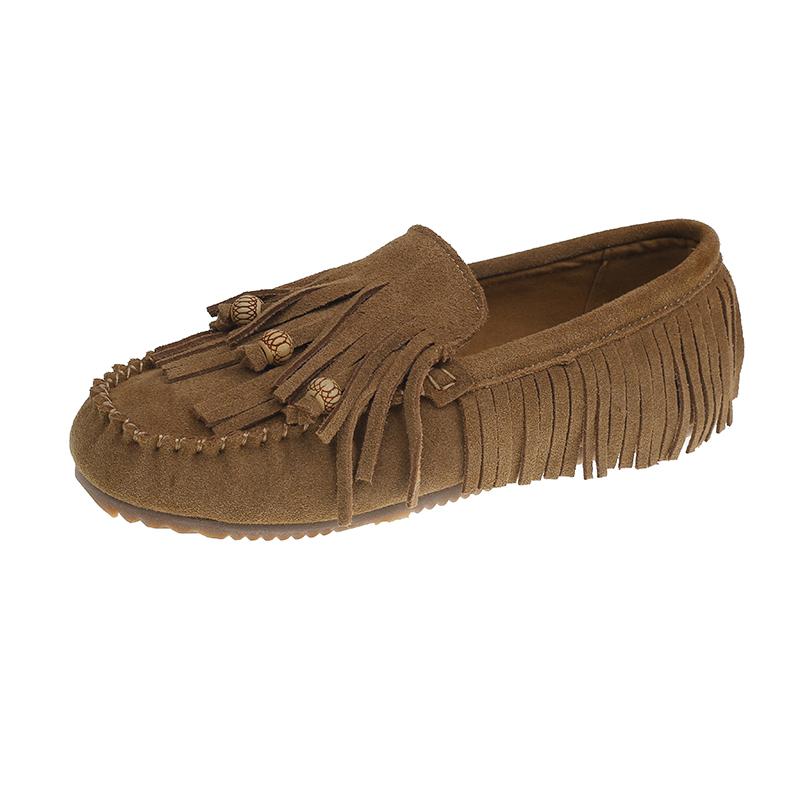 Mode 2024 Sommer Allround Flache Bohnenschuhe Slipper Bequeme Damenschuhe Weiche Sohlen Flache Öffnung Retro Quasten Damenschuhe 38 khaki