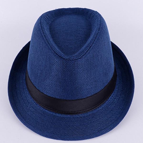 Herren Fedoras Jazz Baumwolle und Leinen Reiner Hut Papa Hut Imitation Hanf Sonnenschutz Sonnenhut Weißer Hut Hochzeit Fedoras blau