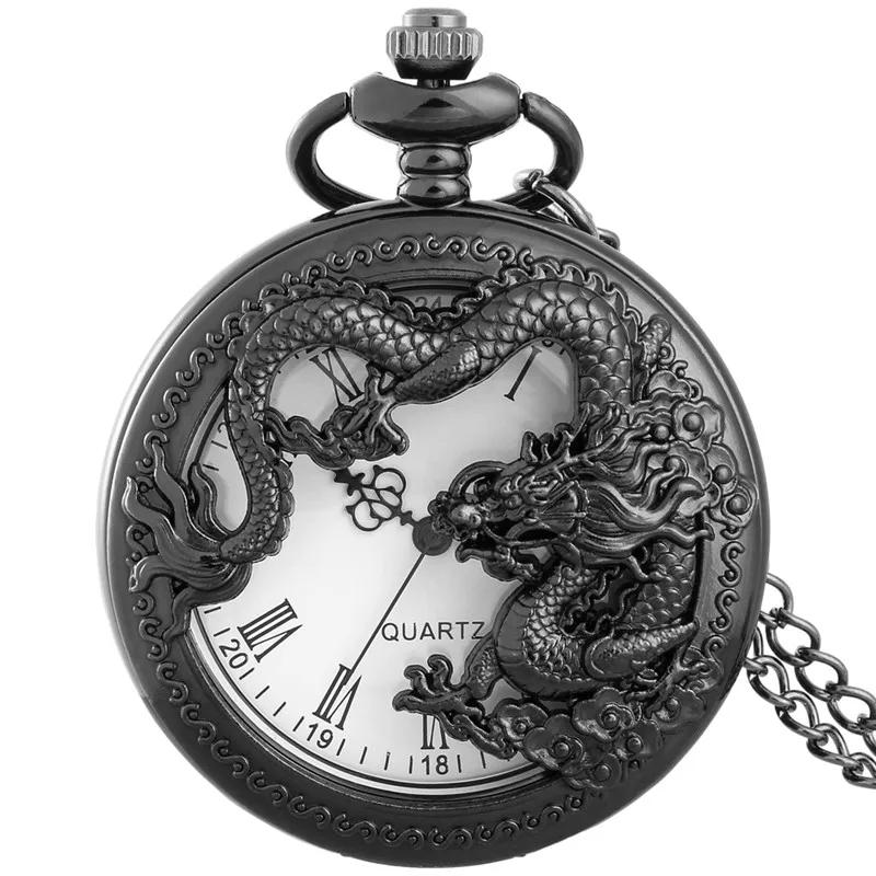 Vintage Drachen Taschenuhr Hohlgravur Zifferblatt mit römischen Ziffern Halskette Geschenk schwarz