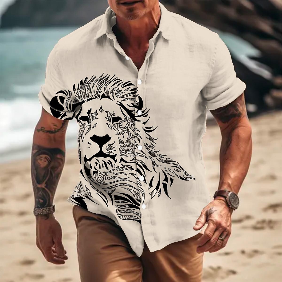 Herren Tier Löwe Hemd Button-Up-Hemd Kurzarm Modedesigner Lässig Outdoor Lässig Sommer Frühling Umlegekragen Print Blau Braun Khaki Grau 5XL