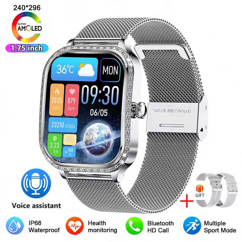 2025 Neue GPS Track Smartwatch Damen 466*466 HD Bildschirm Herzfrequenz Blutdruck BT Anruf Smartwatches Frauen Für Android IOS mesh belt silber