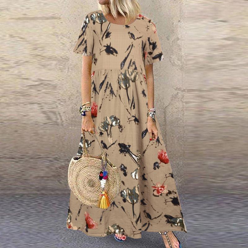 ZANZEA Damen Vintage Print Lässige Sommerkleider mit kurzen Ärmeln und Rundhalsausschnitt S beige