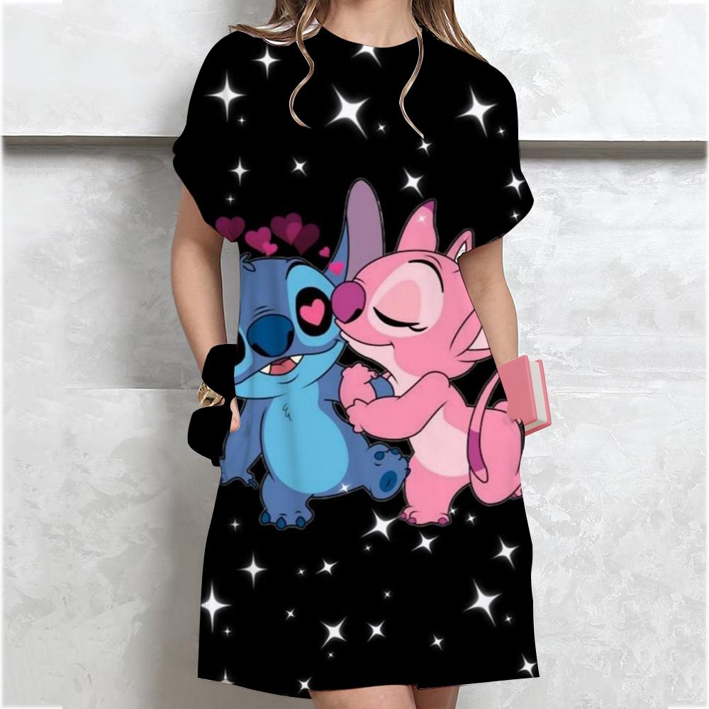 Damen Übergröße Sommer Disney Lilo&Stitch bedrucktes kurzärmeliges Rundhals Freizeit-T-Shirt-Kleid lässiges sexy Kleid lockeres Kleid XXXL