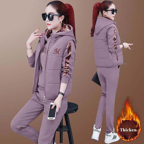 3 stück Set Frauen Anzug Trainingsanzug Winter Hoodies + Weste + Hosen Track Anzug Plus Samt Warme Sporting Anzüge Weibliche kleidung 8110924 XXXL67.5-75kg violett