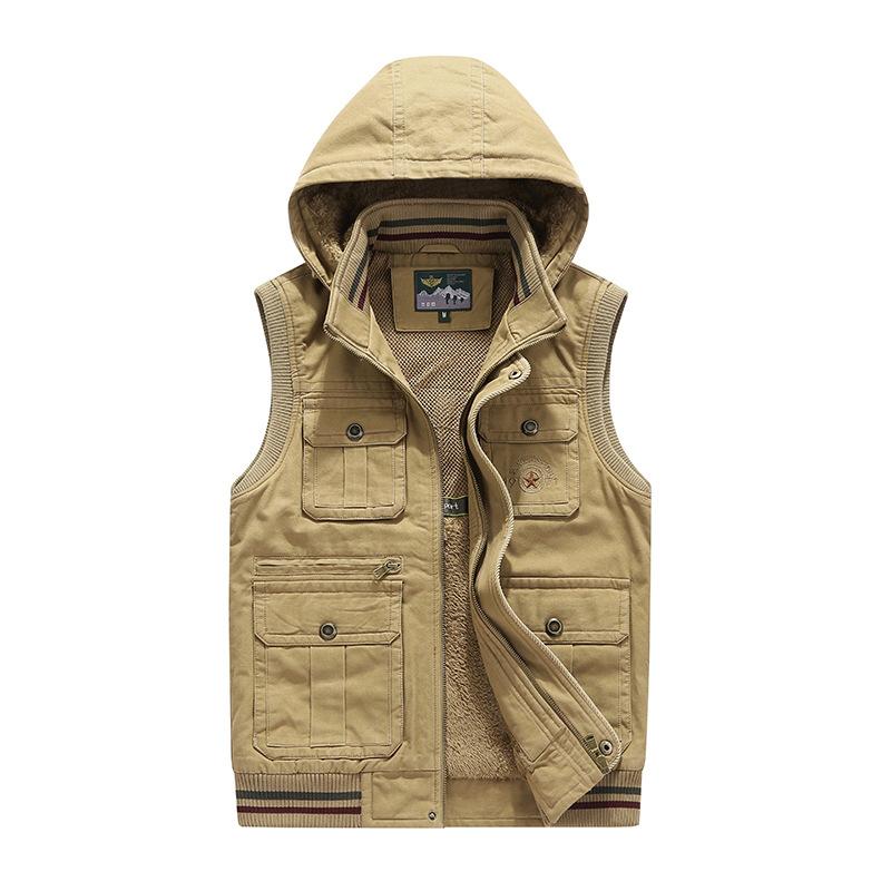Herbst Winter Weste Herren Dick Warm Weste Herren Kapuze Mehrere Taschen Militär Ärmellose Jacke Für Herren M-8XL M khaki