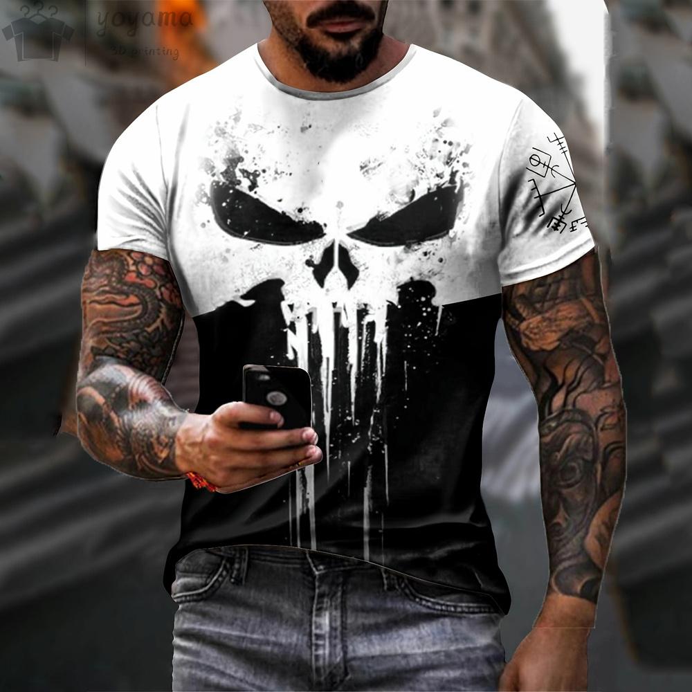 Herren T-Shirt 3D Druck Militärisch Patriotisch Schädel O-Ausschnitt T-Shirt T-Shirt Kurzarm T-Shirt Sportbekleidung Herrenbekleidung Oberteil S