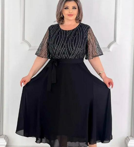 2025 Trendiges Übergrößen-Damenkleid mit Mesh-Futter und Fünf-Ärmeln Large schwarz