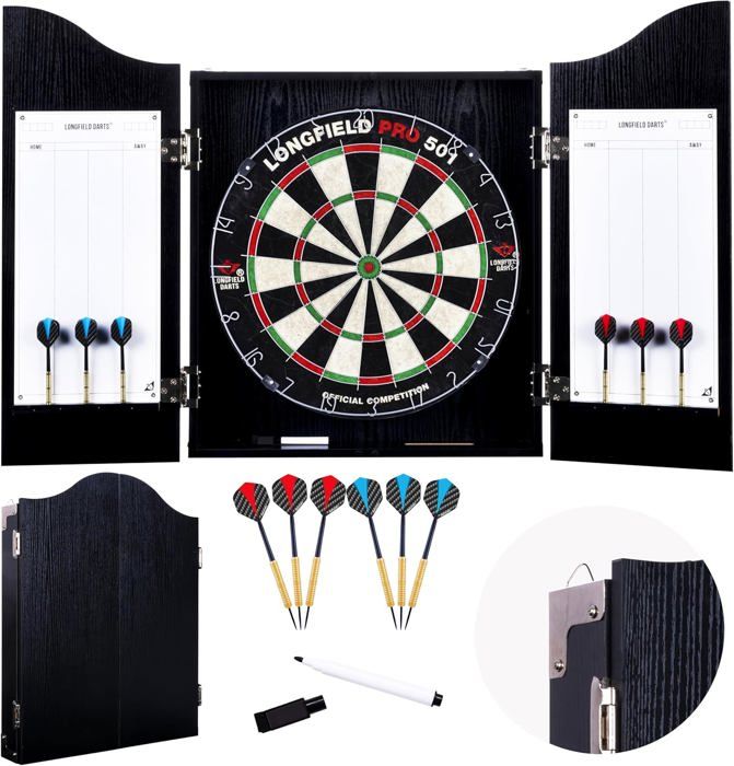ENGELHART klassische schwarze Dartscheibe aus Holz mit Zubehör