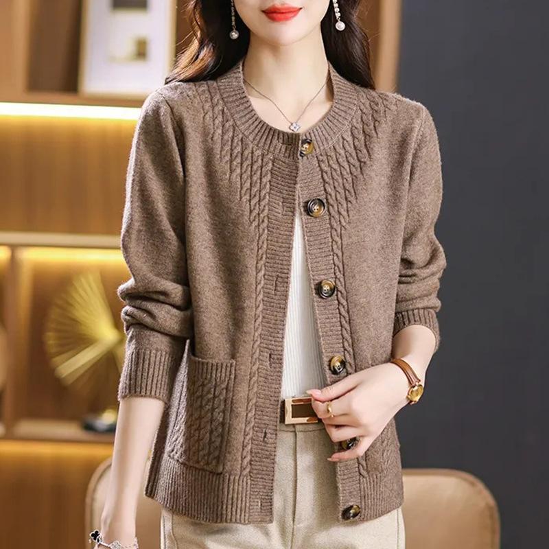 Pullover Strickjacke Damenbekleidung Herbst Winter Jacke O-Ausschnitt Lange Ärmel Locker Gestrickter Pullover Vielseitige Damenoberteile Mantel XXXL khaki